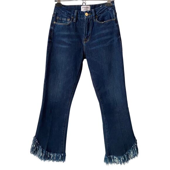 Frame Le Crop Mini Boot Jean US 26 Fringe Shredded Hem Blue Dark Wash Boho - Picture 5 of 14